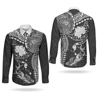 Hawaiian Manta Ray Tribal Couples Matching Long Sleeve Bodycon Dress and Long Sleeve Button Shirt Polynesian Art Motifs Black Color LT03 - Polynesian Pride