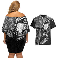 Hawaiian Manta Ray Tribal Couples Matching Off Shoulder Short Dress and Hawaiian Shirt Polynesian Art Motifs Black Color