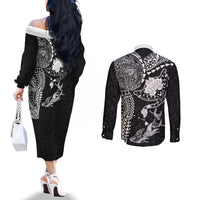 Hawaiian Manta Ray Tribal Couples Matching Off The Shoulder Long Sleeve Dress and Long Sleeve Button Shirt Polynesian Art Motifs Black Color