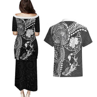 Hawaiian Manta Ray Tribal Couples Matching Puletasi and Hawaiian Shirt Polynesian Art Motifs Black Color