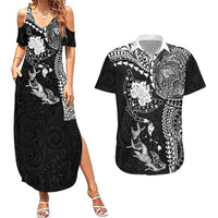 Hawaiian Manta Ray Tribal Couples Matching Summer Maxi Dress and Hawaiian Shirt Polynesian Art Motifs Black Color