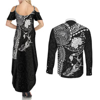 Hawaiian Manta Ray Tribal Couples Matching Summer Maxi Dress and Long Sleeve Button Shirt Polynesian Art Motifs Black Color