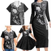 Hawaiian Manta Ray Tribal Family Matching Long Sleeve Bodycon Dress and Hawaiian Shirt Polynesian Art Motifs Black Color LT03 - Polynesian Pride