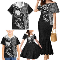 Hawaiian Manta Ray Tribal Family Matching Mermaid Dress and Hawaiian Shirt Polynesian Art Motifs Black Color