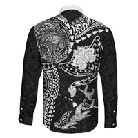 Hawaiian Manta Ray Tribal Family Matching Mermaid Dress and Hawaiian Shirt Polynesian Art Motifs Black Color