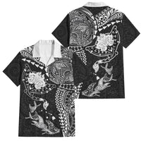 Hawaiian Manta Ray Tribal Family Matching Off The Shoulder Long Sleeve Dress and Hawaiian Shirt Polynesian Art Motifs Black Color LT03 Dad's Shirt - Short Sleeve Black - Polynesian Pride