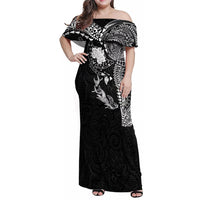 Hawaiian Manta Ray Tribal Family Matching Off Shoulder Maxi Dress and Hawaiian Shirt Polynesian Art Motifs Black Color