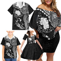 Hawaiian Manta Ray Tribal Family Matching Off Shoulder Short Dress and Hawaiian Shirt Polynesian Art Motifs Black Color