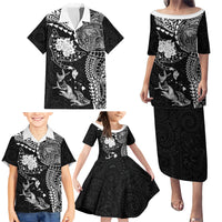Hawaiian Manta Ray Tribal Family Matching Puletasi and Hawaiian Shirt Polynesian Art Motifs Black Color
