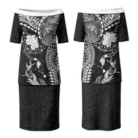 Hawaiian Manta Ray Tribal Family Matching Puletasi and Hawaiian Shirt Polynesian Art Motifs Black Color LT03 Mom's Dress Black - Polynesian Pride