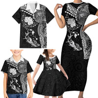 Hawaiian Manta Ray Tribal Family Matching Short Sleeve Bodycon Dress and Hawaiian Shirt Polynesian Art Motifs Black Color