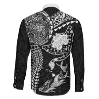 Hawaiian Manta Ray Tribal Family Matching Short Sleeve Bodycon Dress and Hawaiian Shirt Polynesian Art Motifs Black Color