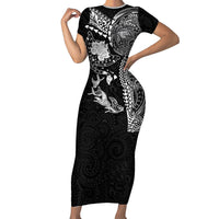 Hawaiian Manta Ray Tribal Family Matching Short Sleeve Bodycon Dress and Hawaiian Shirt Polynesian Art Motifs Black Color