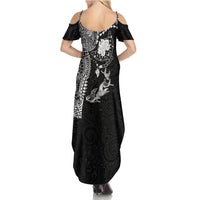 Hawaiian Manta Ray Tribal Family Matching Summer Maxi Dress and Hawaiian Shirt Polynesian Art Motifs Black Color