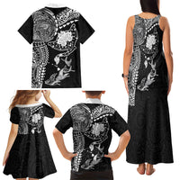 Hawaiian Manta Ray Tribal Family Matching Tank Maxi Dress and Hawaiian Shirt Polynesian Art Motifs Black Color