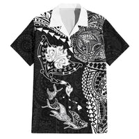 Hawaiian Manta Ray Tribal Family Matching Tank Maxi Dress and Hawaiian Shirt Polynesian Art Motifs Black Color