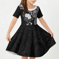 Hawaiian Manta Ray Tribal Kid Short Sleeve Dress Polynesian Art Motifs Black Color LT03 KID Black - Polynesian Pride