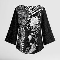 Hawaiian Manta Ray Tribal Kimono Sleeve Blouse Polynesian Art Motifs Black Color