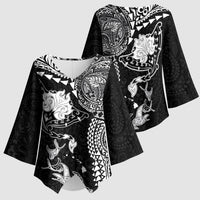 Hawaiian Manta Ray Tribal Kimono Sleeve Blouse Polynesian Art Motifs Black Color