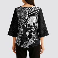 Hawaiian Manta Ray Tribal Kimono Sleeve Blouse Polynesian Art Motifs Black Color