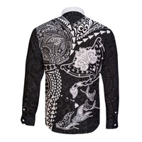 Hawaiian Manta Ray Tribal Long Sleeve Button Shirt Polynesian Art Motifs Black Color