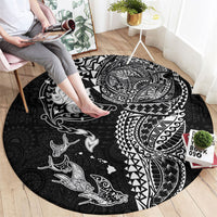 Hawaiian Manta Ray Tribal Round Carpet Polynesian Art Motifs Black Color