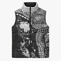 Hawaiian Manta Ray Tribal Sleeveless Puffer Jacket Polynesian Art Motifs Black Color