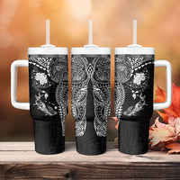 Hawaiian Manta Ray Tribal Tumbler With Handle Polynesian Art Motifs Black Color