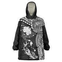 Hawaiian Manta Ray Tribal Wearable Blanket Hoodie Polynesian Art Motifs Black Color