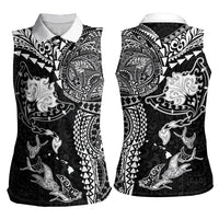 Hawaiian Manta Ray Tribal Women Sleeveless Polo Shirt Polynesian Art Motifs Black Color
