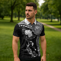 Hawaiian Manta Ray Tribal Zipper Polo Shirt Polynesian Art Motifs Black Color
