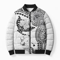 Hawaiian Manta Ray Tribal Bomber Puffer Jacket Polynesian Art Motifs White Color