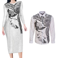 Hawaiian Manta Ray Tribal Couples Matching Long Sleeve Bodycon Dress and Long Sleeve Button Shirt Polynesian Art Motifs White Color