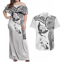 Hawaiian Manta Ray Tribal Couples Matching Off Shoulder Maxi Dress and Hawaiian Shirt Polynesian Art Motifs White Color