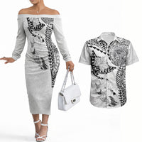 Hawaiian Manta Ray Tribal Couples Matching Off The Shoulder Long Sleeve Dress and Hawaiian Shirt Polynesian Art Motifs White Color LT03 White - Polynesian Pride