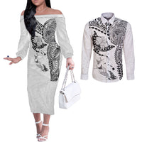 Hawaiian Manta Ray Tribal Couples Matching Off The Shoulder Long Sleeve Dress and Long Sleeve Button Shirt Polynesian Art Motifs White Color
