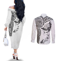 Hawaiian Manta Ray Tribal Couples Matching Off The Shoulder Long Sleeve Dress and Long Sleeve Button Shirt Polynesian Art Motifs White Color