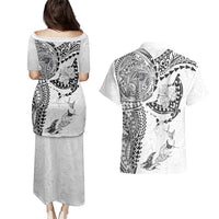 Hawaiian Manta Ray Tribal Couples Matching Puletasi and Hawaiian Shirt Polynesian Art Motifs White Color