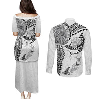 Hawaiian Manta Ray Tribal Couples Matching Puletasi and Long Sleeve Button Shirt Polynesian Art Motifs White Color