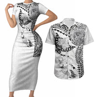 Hawaiian Manta Ray Tribal Couples Matching Short Sleeve Bodycon Dress and Hawaiian Shirt Polynesian Art Motifs White Color LT03 White - Polynesian Pride