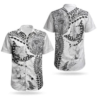 Hawaiian Manta Ray Tribal Couples Matching Short Sleeve Bodycon Dress and Hawaiian Shirt Polynesian Art Motifs White Color LT03 - Polynesian Pride