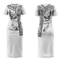 Hawaiian Manta Ray Tribal Couples Matching Short Sleeve Bodycon Dress and Hawaiian Shirt Polynesian Art Motifs White Color LT03 - Polynesian Pride