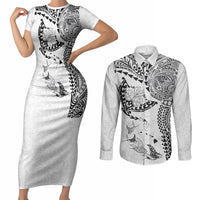 Hawaiian Manta Ray Tribal Couples Matching Short Sleeve Bodycon Dress and Long Sleeve Button Shirt Polynesian Art Motifs White Color LT03 White - Polynesian Pride