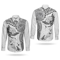 Hawaiian Manta Ray Tribal Couples Matching Short Sleeve Bodycon Dress and Long Sleeve Button Shirt Polynesian Art Motifs White Color LT03 - Polynesian Pride