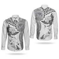 Hawaiian Manta Ray Tribal Couples Matching Tank Maxi Dress and Long Sleeve Button Shirt Polynesian Art Motifs White Color LT03 - Polynesian Pride