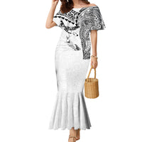 Hawaiian Manta Ray Tribal Family Matching Mermaid Dress and Hawaiian Shirt Polynesian Art Motifs White Color
