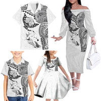 Hawaiian Manta Ray Tribal Family Matching Off The Shoulder Long Sleeve Dress and Hawaiian Shirt Polynesian Art Motifs White Color