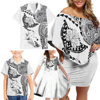 Hawaiian Manta Ray Tribal Family Matching Off Shoulder Short Dress and Hawaiian Shirt Polynesian Art Motifs White Color