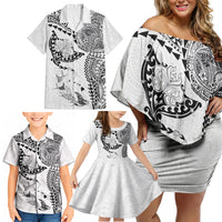 Hawaiian Manta Ray Tribal Family Matching Off Shoulder Short Dress and Hawaiian Shirt Polynesian Art Motifs White Color LT03 - Polynesian Pride