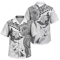 Hawaiian Manta Ray Tribal Family Matching Off Shoulder Short Dress and Hawaiian Shirt Polynesian Art Motifs White Color LT03 Son's Shirt White - Polynesian Pride